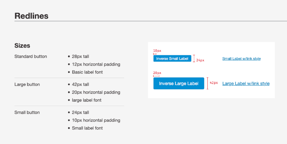 Example redlines from the button component